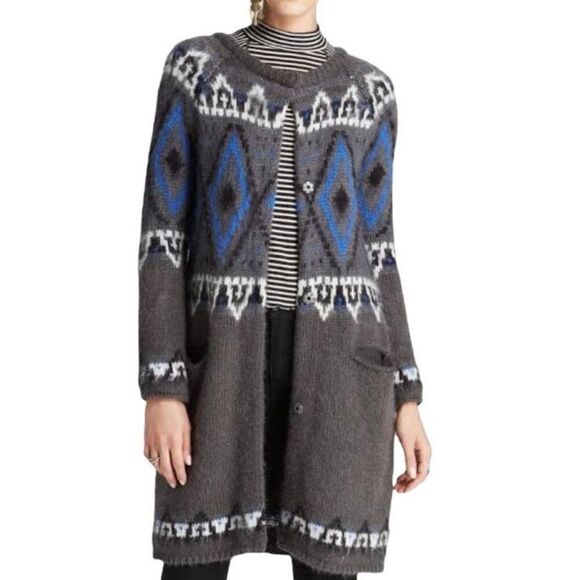 Free People Frosted Fair Isle Mohair Long Cardigan Shacket Sweater Size M - Picture 4 of 12
